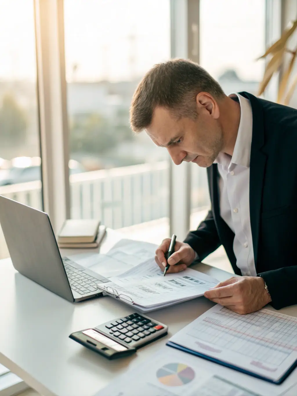 An investigator analyzing financial records and property documents, uncovering hidden assets and providing financial clarity.