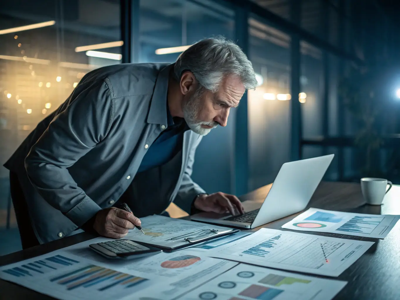 An investigator examining financial records and tracing assets, representing the meticulous process of uncovering hidden wealth.